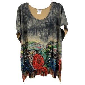 Adore Top Size S Cut-Outs Fringe Abstract Colorful Lined Oversized Kimono